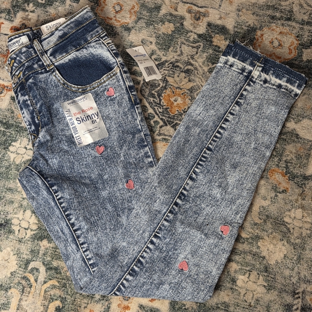 NWT Wallflower Blue Denim with Embroidered Pink Heart Details